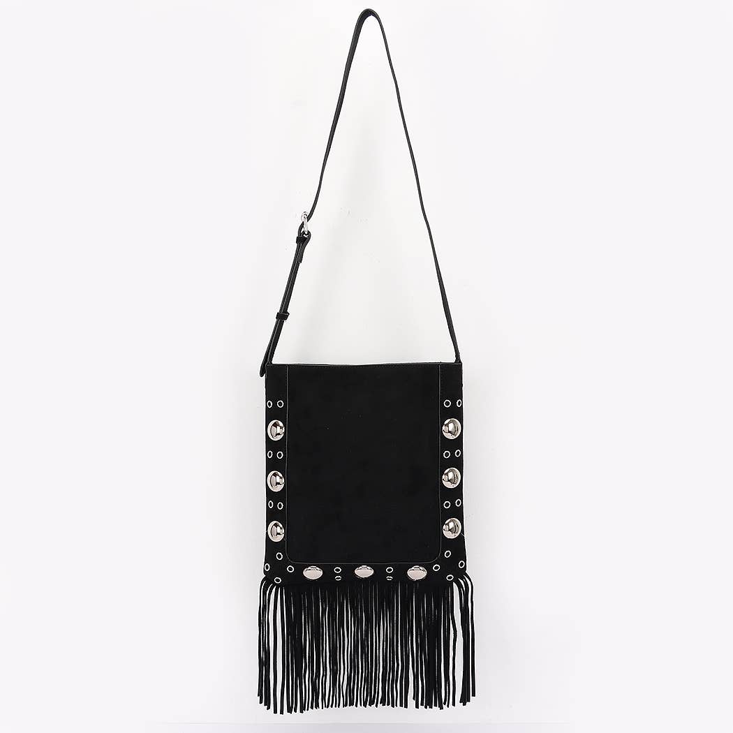 FRINGEY FUN BLACK FAUZ SUEDE BAG