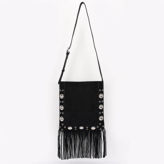 FRINGEY FUN BLACK FAUZ SUEDE BAG
